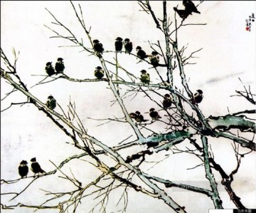 シュ・ベイホン・ジュ・ペオン Painting - 古い中国の墨の枝に徐北紅の鳥